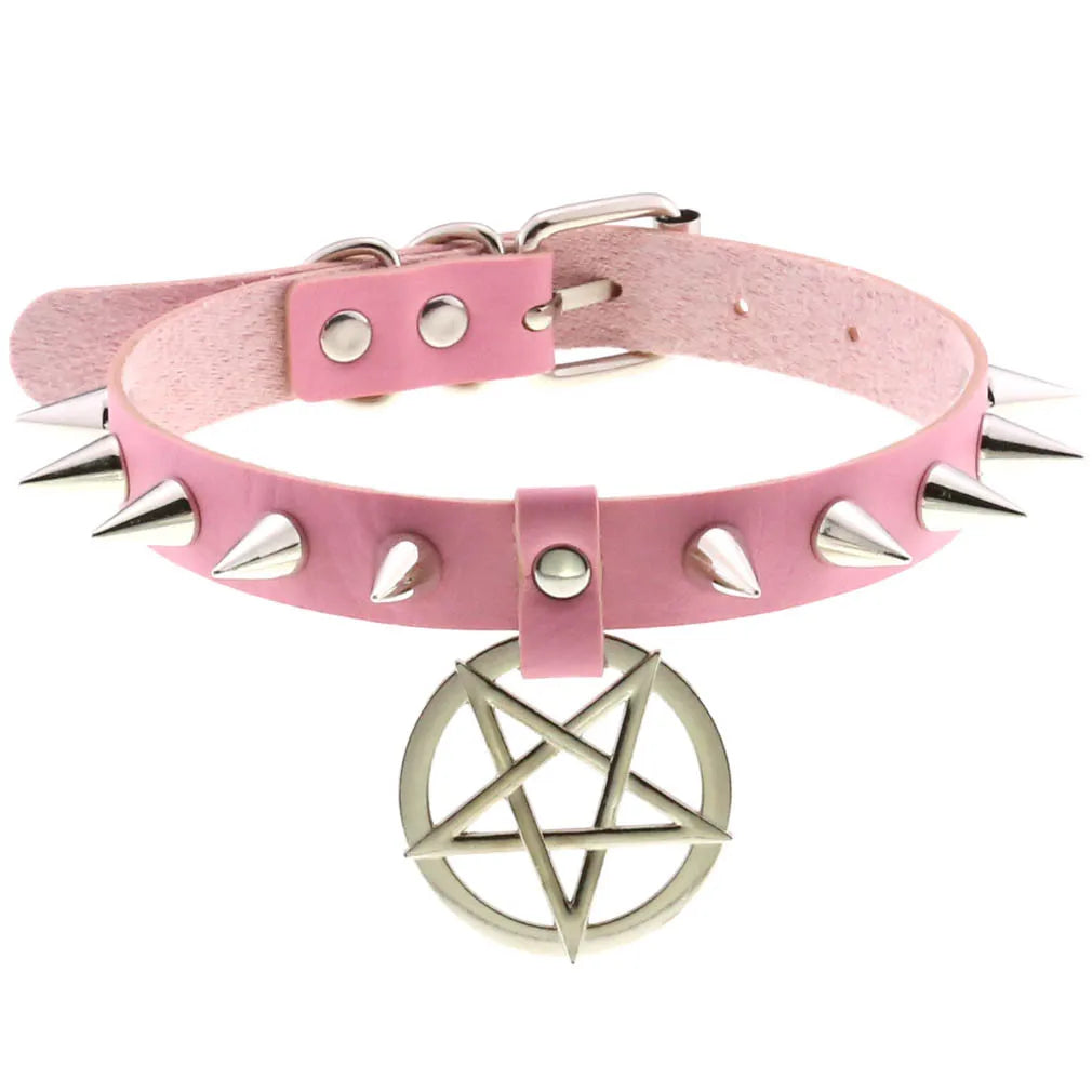 DIEZI Harajuku Pink PU Leather Star Heart Flower Choker Necklace Torques For Women Men Gothic Pink PU Leather -I’m Over 21 - She Vibess By C2P