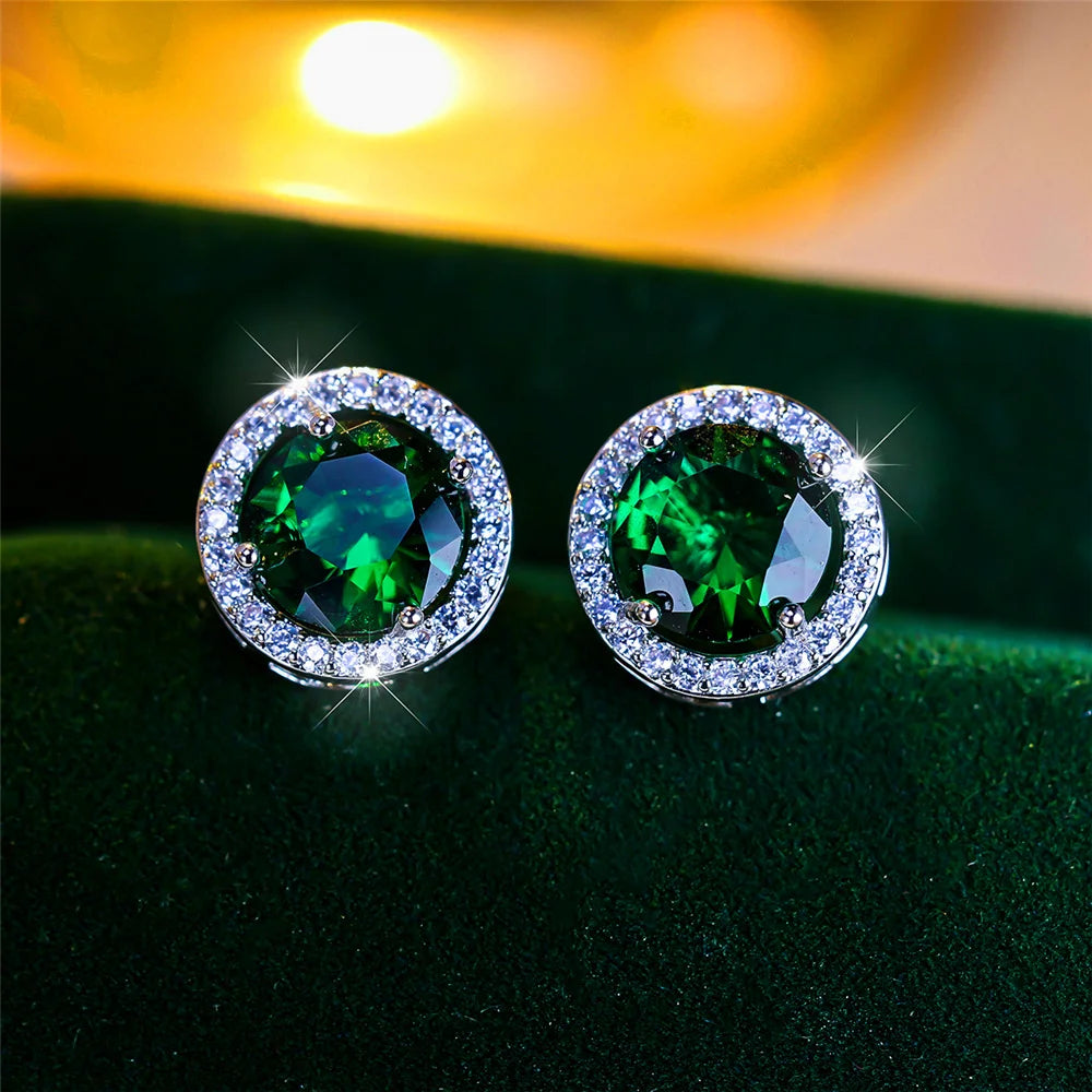 Luxury Female Crystal Purple Blue Green Round Stud Earrings Silver Color Wedding Jewelry For Women - She Vibess By C2P
