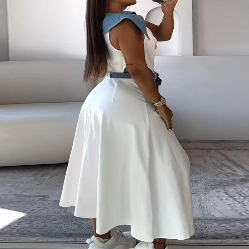 Women Single Breasted Hollow Waist High Street Dress New Pockets Pleat Dress Lady Fashion Contract Color Office long Dress 2025 - She Vibess By C2P