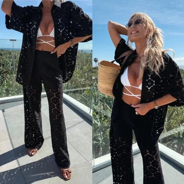 Fashion Lace Two Piece Set Lady Loose Lapel Half Sleeved Single Breasted Shirt Casual Trousers Suit Sexy Hollow Women Clothing