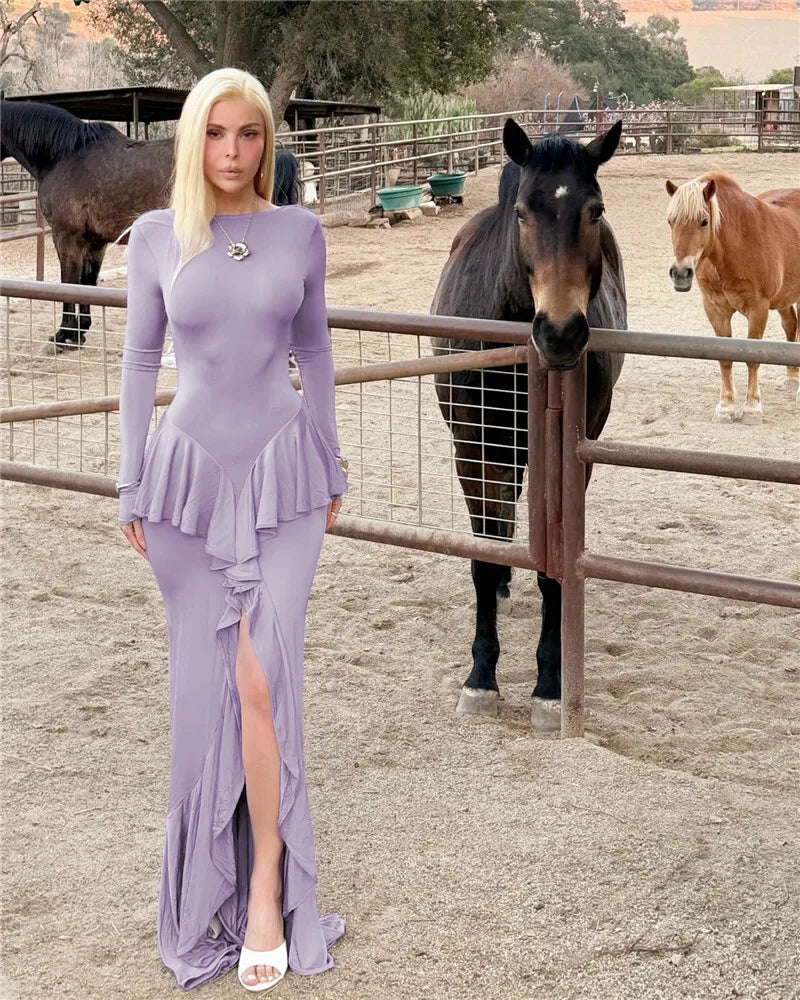 Mozision Backless Ruffled Sexy Maxi Dress For Women Gown Fashion O Neck Long Sleeve Thigh High Split Evening Long Dress Elegant - She Vibess By C2P
