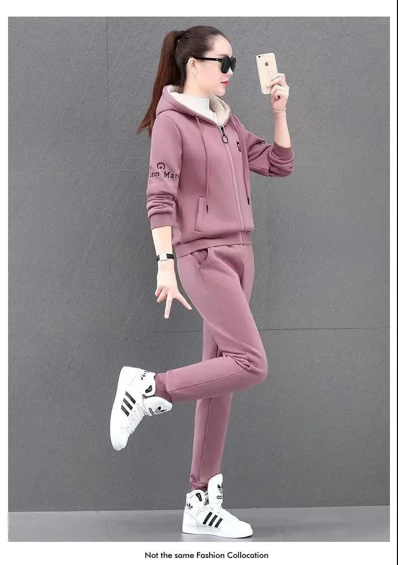 Fashionable Thickened Fleece Set Women's Loose Casual Outfit Hoodie with Pocket Two-Piece Autumn Winter Style Streetwear - She Vibess By C2P