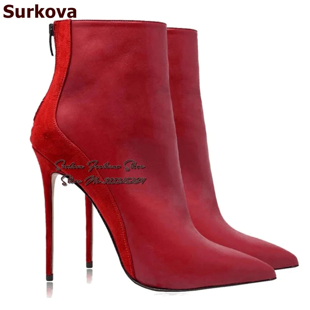 Surkova Red Snakeskin Patchwork Suede Pointed Toe Ankle Boots Women Python Thin High Heel Short Booties Back Zipper Dress Shoes - She Vibess By C2P