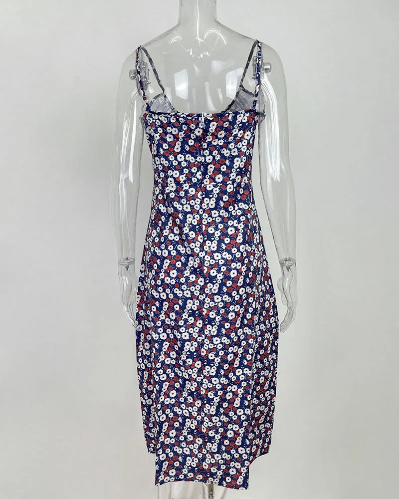 Flower Printed Spaghetti Strap Dresses For Women Sexy Low Cut Beach Party Slim Slit Dress Chic Bodycon Lady Sleeveless Vestidos - She Vibess By C2P