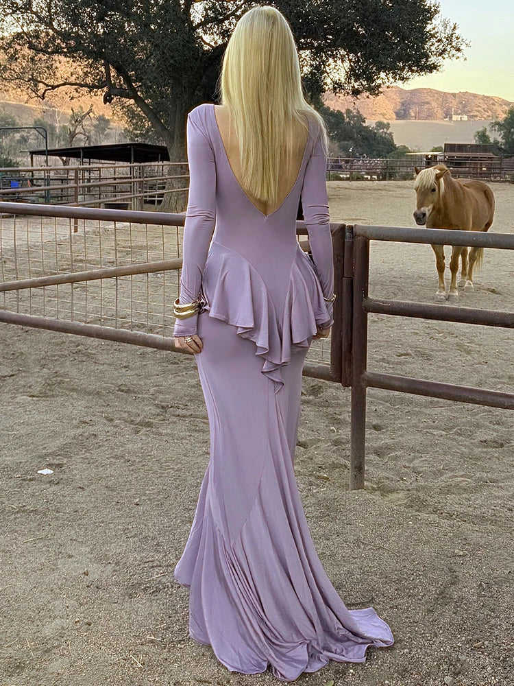 Mozision Backless Ruffled Sexy Maxi Dress For Women Gown Fashion O Neck Long Sleeve Thigh High Split Evening Long Dress Elegant - She Vibess By C2P