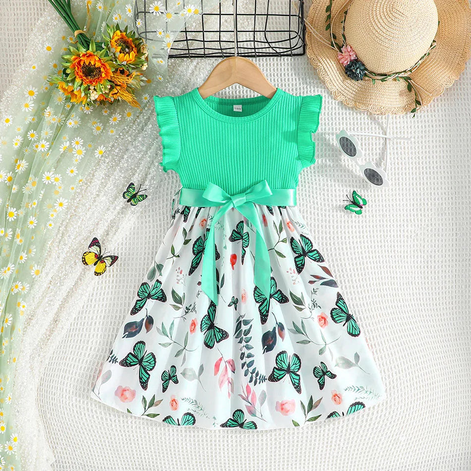 Cute and Comfortable Girls Summer Dress with Butterfly Print and Pitted Stripes Wear Special Occasions Girls Casual Dresses - She Vibess By C2P
