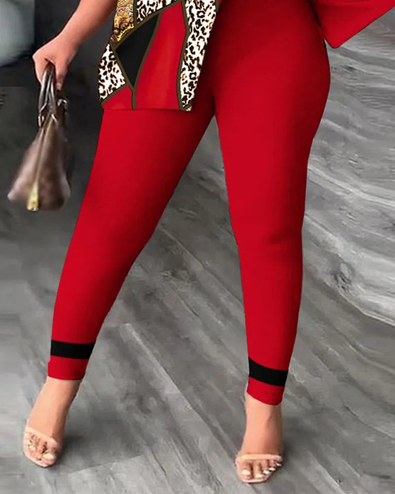 Elegant Women Two Piece Set Suits New Fashion Printed Ruffle Sleeve Top Solid Color Pants Set With Belt Blouses Female Clothing - She Vibess By C2P