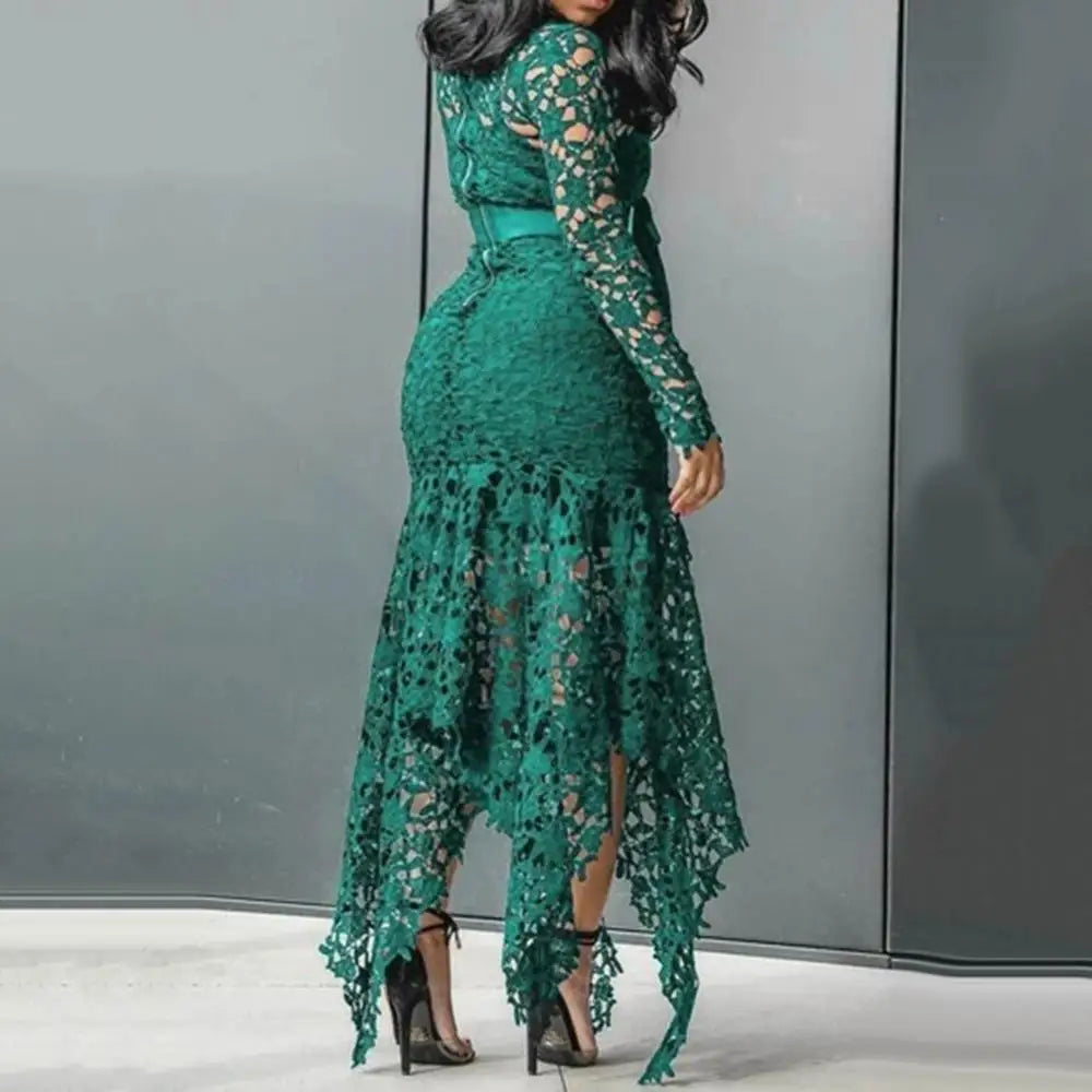 Bowtie Women Lace Dress 2024 Autumn Long Sleeve Stain Bow Belted Irregular Hem Hollow Out Sexy Bodycon Dress Evening Party Dress - She Vibess By C2P