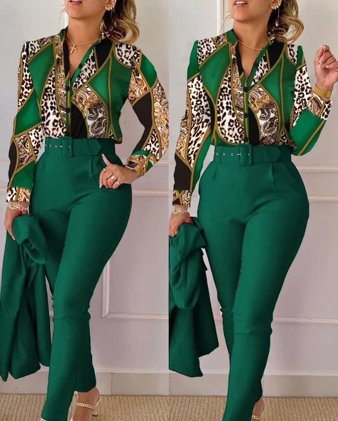 Autumn Winter Stand Neck Floral Print Long Sleeve Shirt Pants Two Piece Sets Elegant Women Casual Shirt Trousers Suits With Belt - She Vibess By C2P