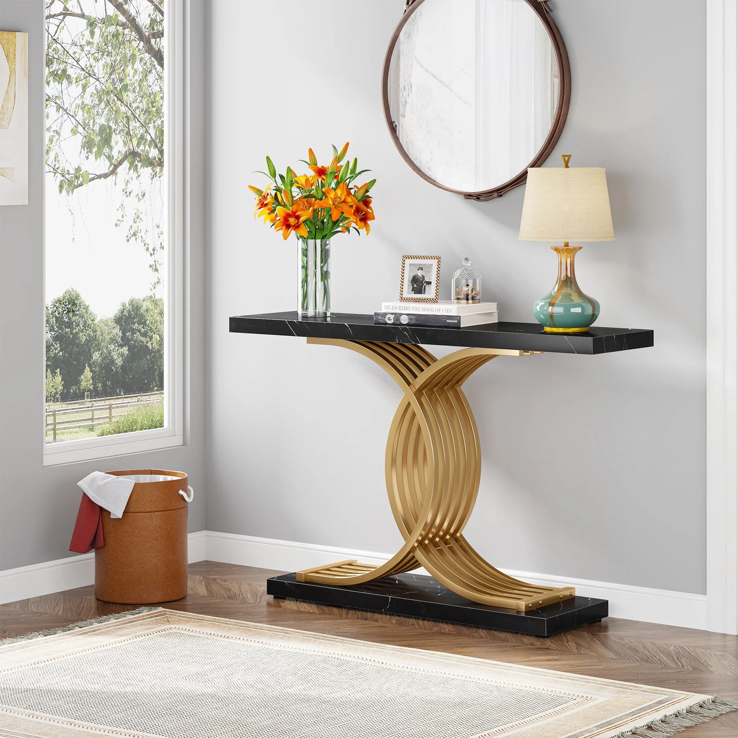 Tribesigns Gold Entryway Table, Modern 39-Inch Console Faux Marble Narrow Wood Sofa with Geometric Metal Legs - She Vibess By C2P