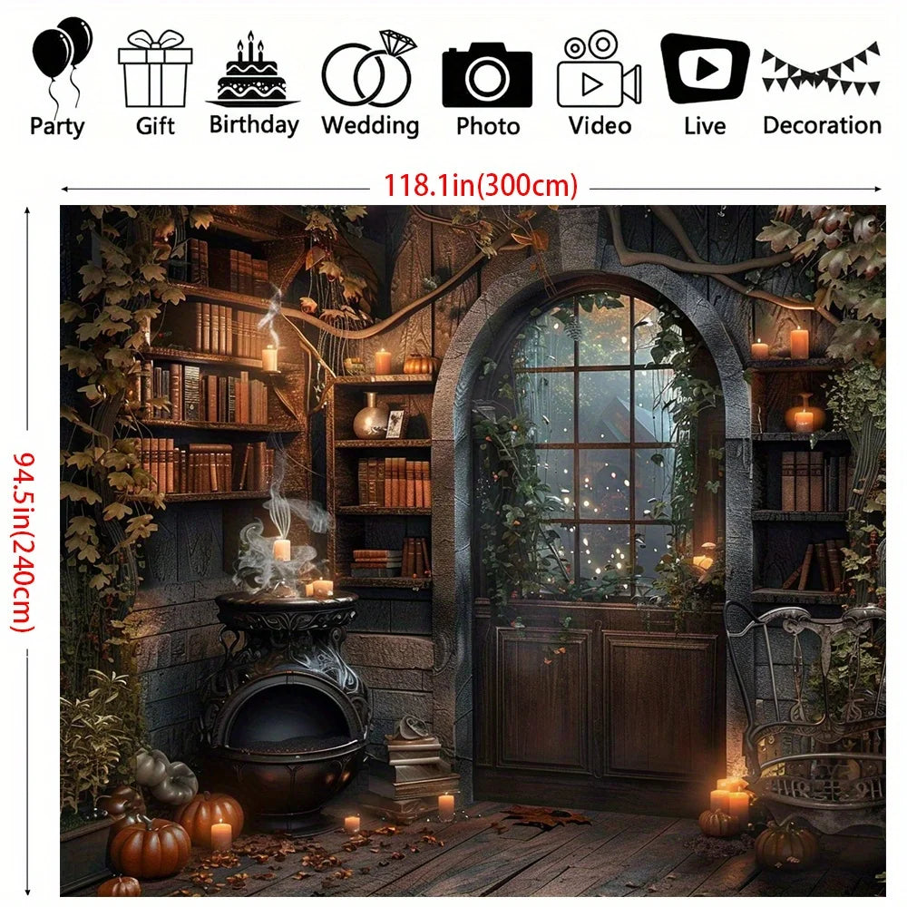 Halloween witch and potion background universal, retro medieval wizard theme for parties and outdoor decorations - She Vibess By C2P