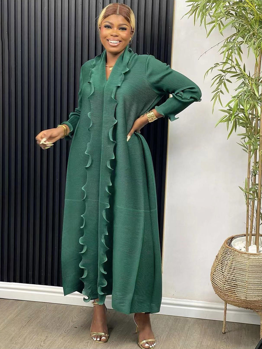EGRM Miyake Pleated Maxi Long Dress Solid Ruffles Full Sleeve with Belt Formal Dresses for Women 2024 Summer New Hot Sales 8R295 - She Vibess By C2P