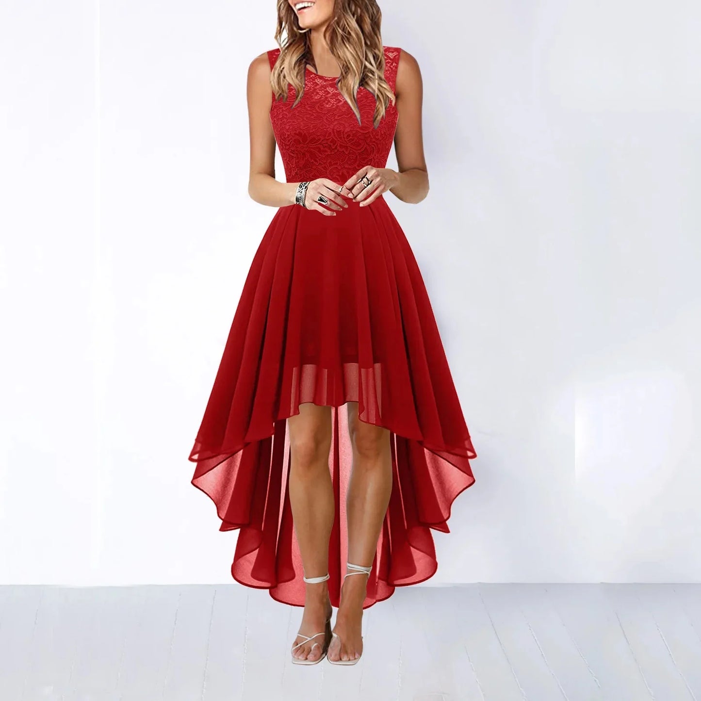 Spring Summer 2025 Hollow out Waist Cinched Lace Evening Dress Midi Skirt Sleeveless round Neck Polyester Fabric Empire Waist - She Vibess By C2P