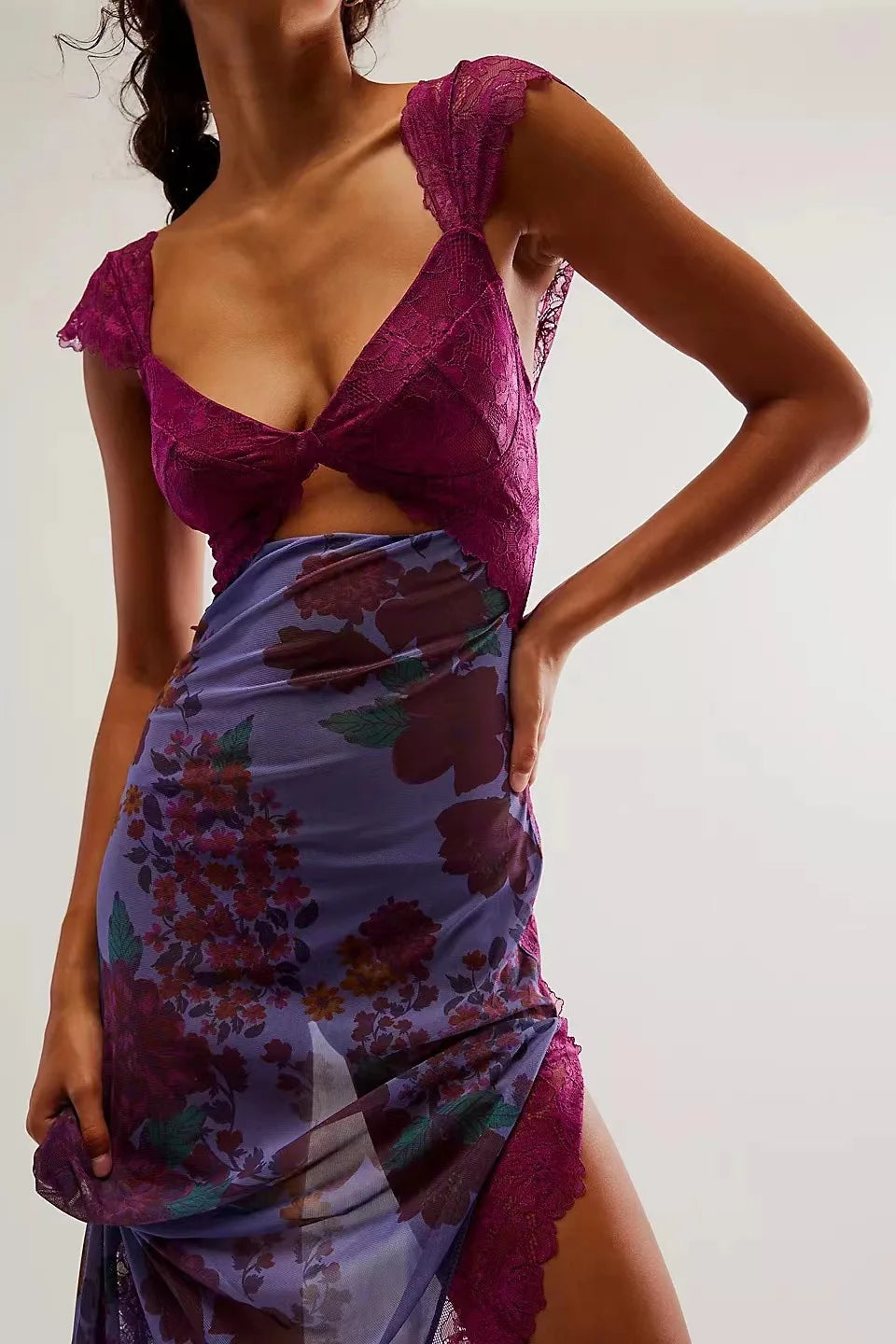 Summer New Lace Backless Shoulder Strap Splicing Slit Pattern Long Dress Women's Clothing - She Vibess By C2P