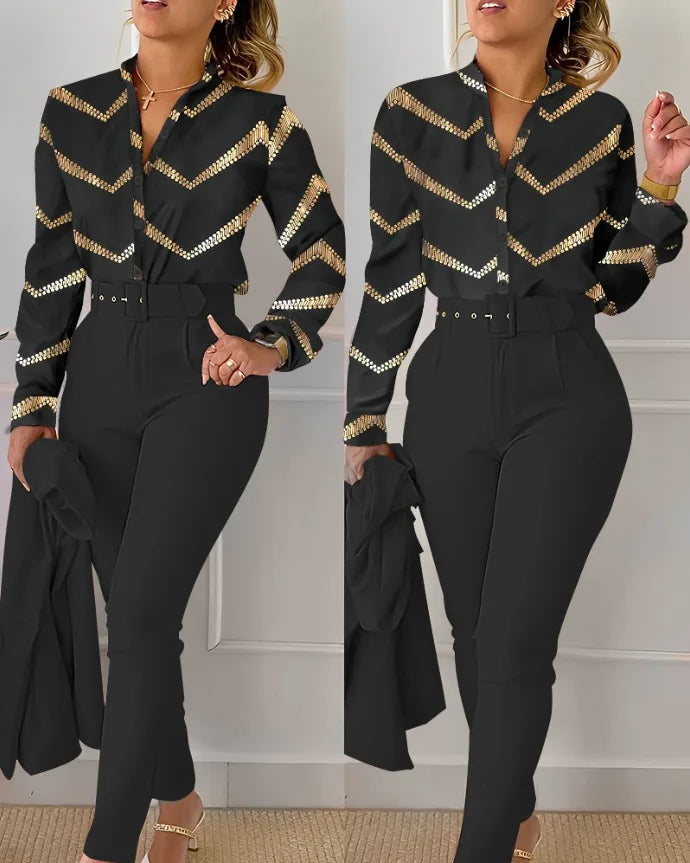 Autumn Winter Stand Neck Floral Print Long Sleeve Shirt Pants Two Piece Sets Elegant Women Casual Shirt Trousers Suits With Belt - She Vibess By C2P