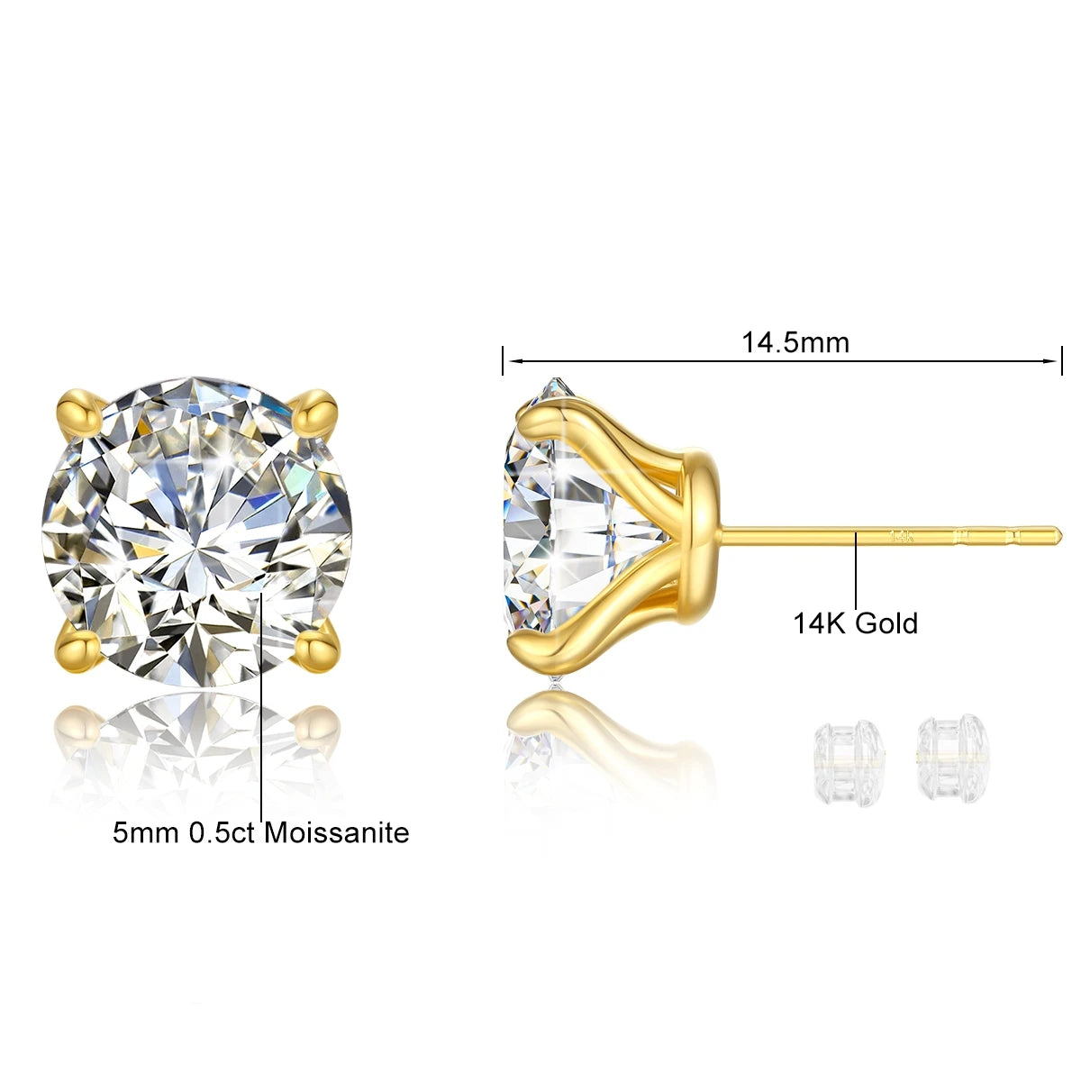 1pair 14K Gold Moissanite Stud Earrings for Women Simple Classical 4-Prong Lab Diamond Ear Stud Wedding Engagement Gift Jewelry - She Vibess By C2P