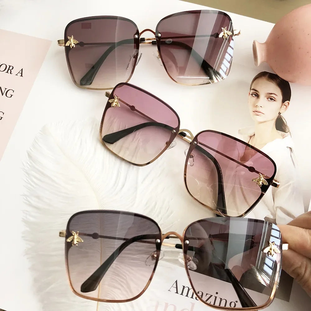 2024 New Fashion Lady Oversized Rimless Square Bee Sunglasses Women Men Small Glasses Gradient Sun Glasses Female UV400 - She Vibess By C2P