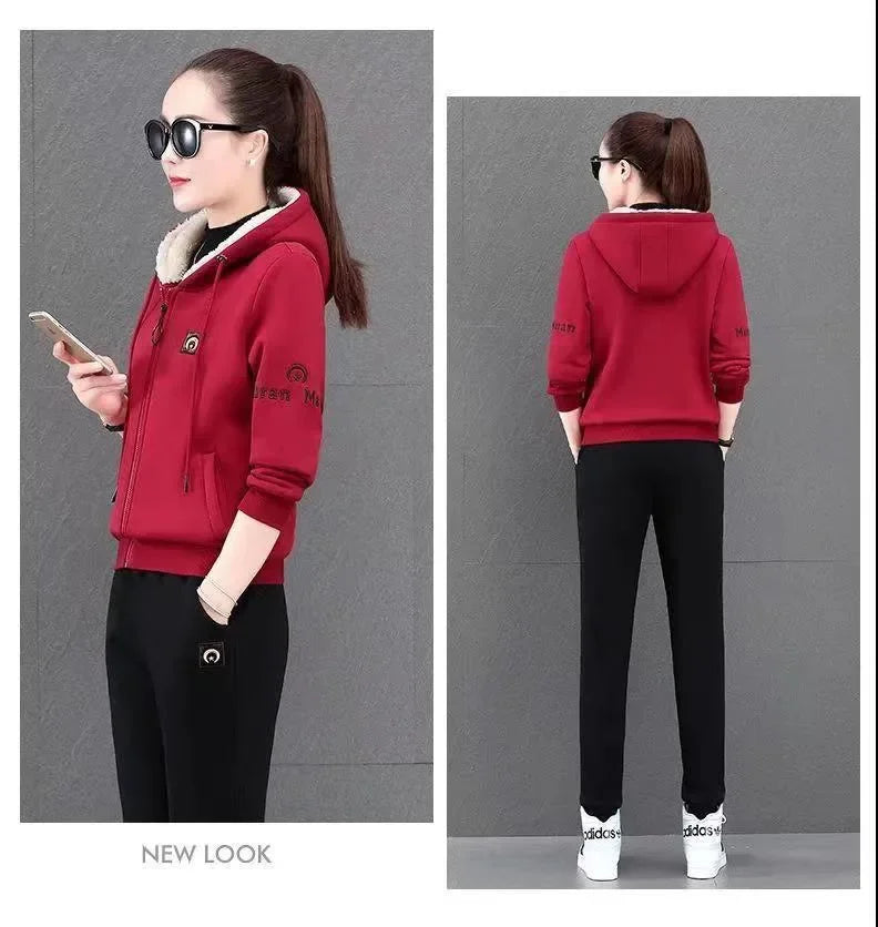 Fashionable Thickened Fleece Set Women's Loose Casual Outfit Hoodie with Pocket Two-Piece Autumn Winter Style Streetwear - She Vibess By C2P