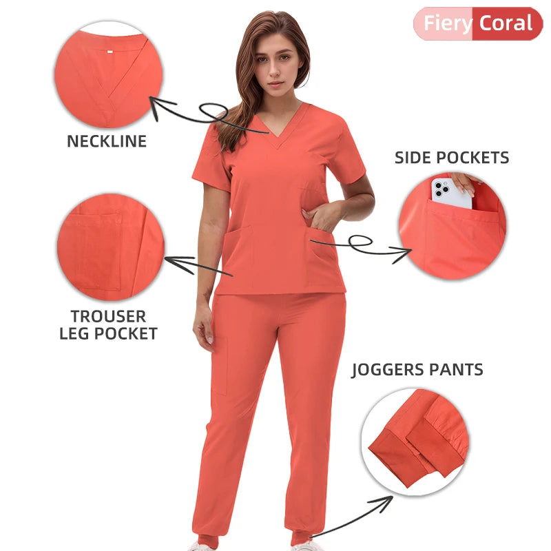 2025 New Nurse Uniforms V-neck Top Jogger Pants Scrub Sets Surgical Workwear Dentist Nursing Suit Hospital Doctor Outfit S21 - She Vibess By C2P