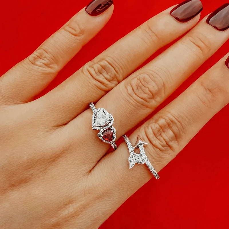 New in Rings Colorful Zircon Shining Red Heart-shaped Jewelry Sets Double Heart Classic Ring Necklace Earrings Luxury Jewelry - She Vibess By C2P