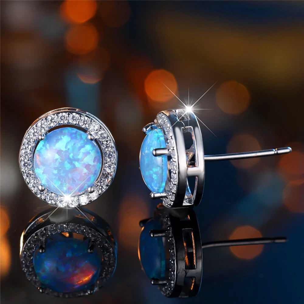 Cute Female Crystal White Blue Opal Round Stone Stud Earrings Silver Color Wedding Jewelry For Women - She Vibess By C2P