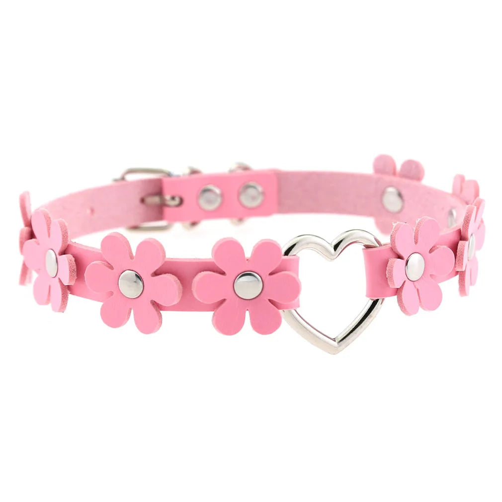 DIEZI Harajuku Pink PU Leather Star Heart Flower Choker Necklace Torques For Women Men Gothic Pink PU Leather -I’m Over 21 - She Vibess By C2P