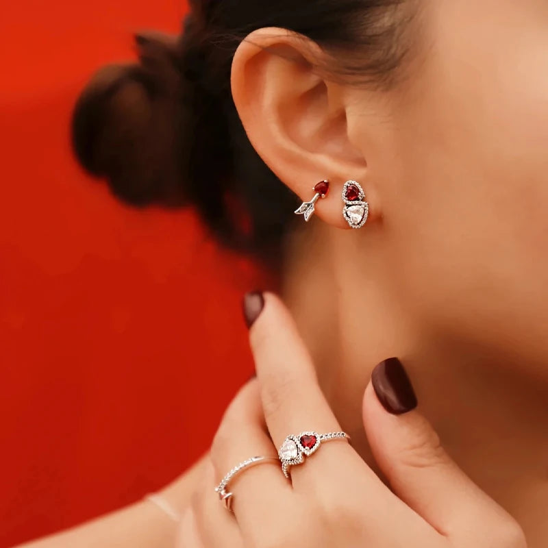 New in Rings Colorful Zircon Shining Red Heart-shaped Jewelry Sets Double Heart Classic Ring Necklace Earrings Luxury Jewelry - She Vibess By C2P