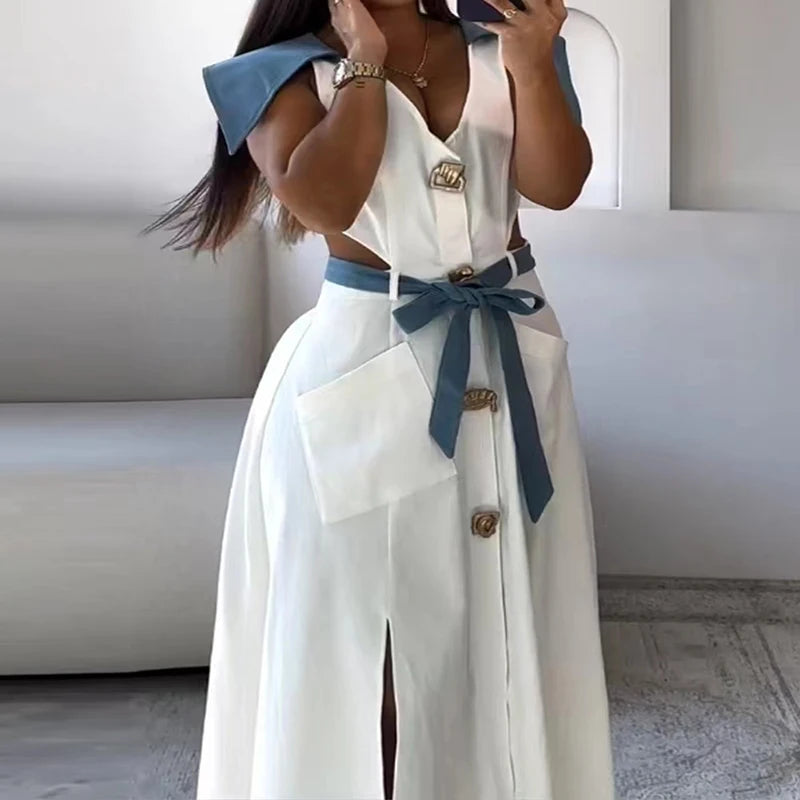 Women Single Breasted Hollow Waist High Street Dress New Pockets Pleat Dress Lady Fashion Contract Color Office long Dress 2025 - She Vibess By C2P