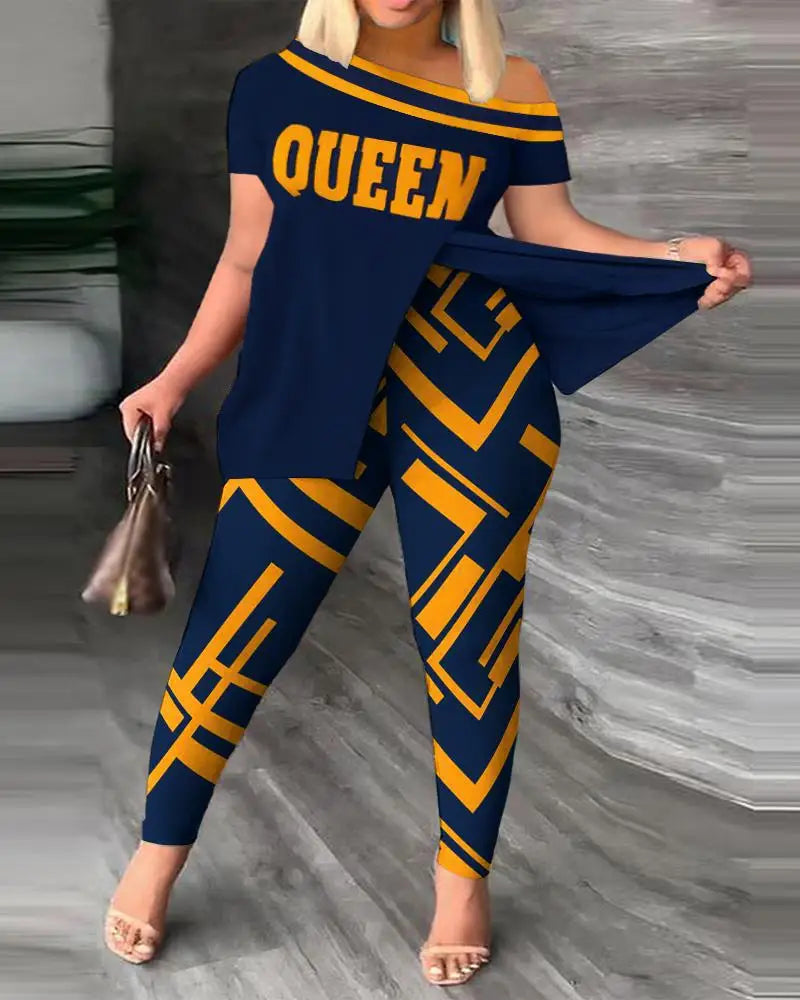 Elegant Women Two Piece Set Suits New Fashion Printed Ruffle Sleeve Top Solid Color Pants Set With Belt Blouses Female Clothing - She Vibess By C2P