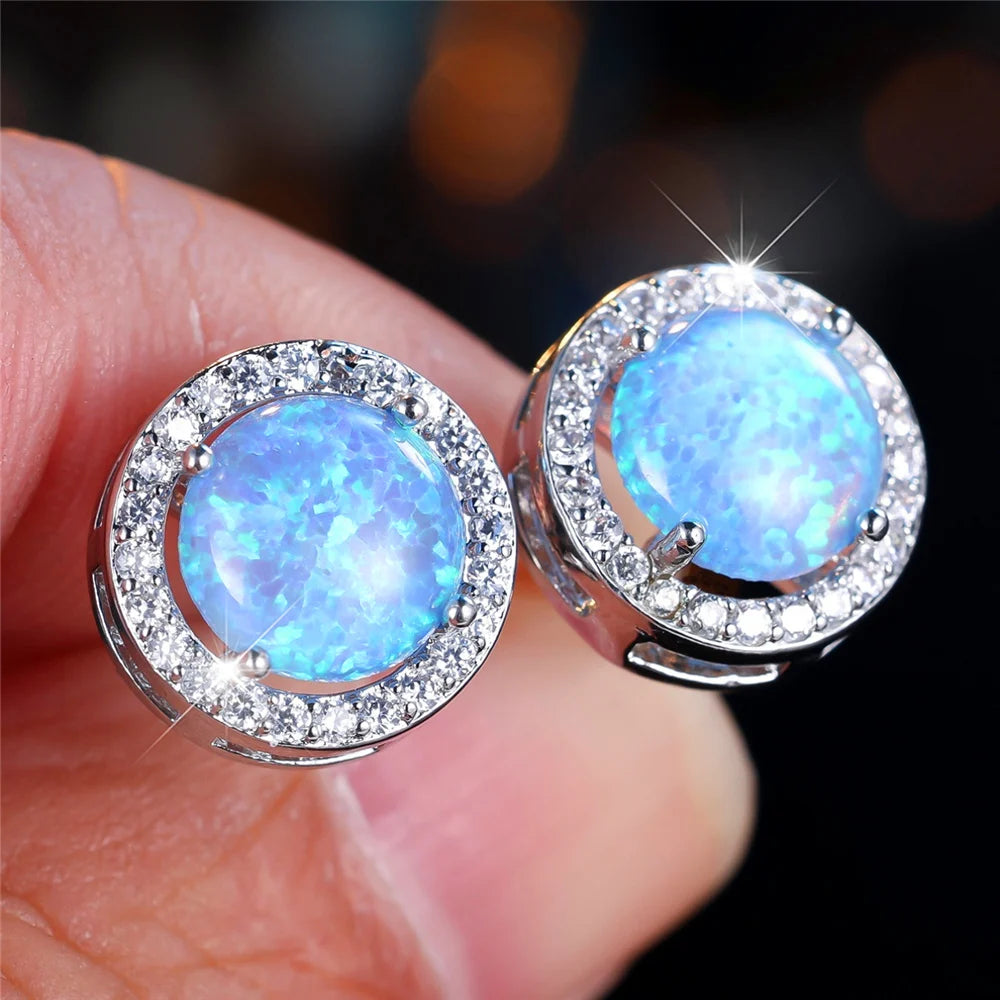 Cute Female Crystal White Blue Opal Round Stone Stud Earrings Silver Color Wedding Jewelry For Women - She Vibess By C2P
