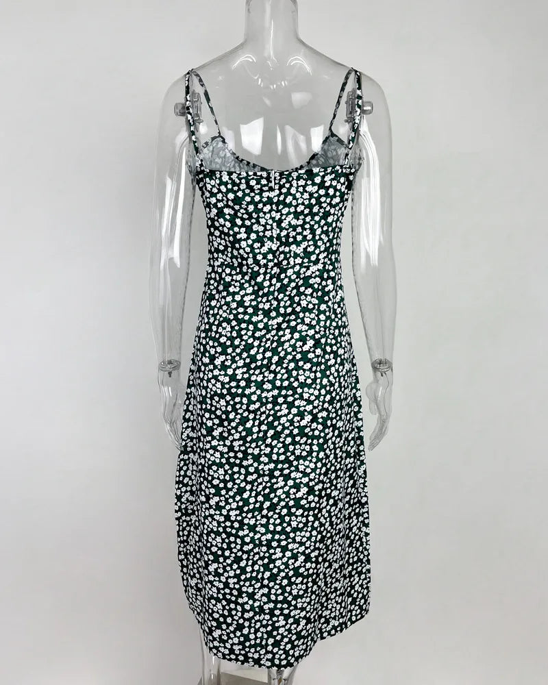 Flower Printed Spaghetti Strap Dresses For Women Sexy Low Cut Beach Party Slim Slit Dress Chic Bodycon Lady Sleeveless Vestidos - She Vibess By C2P