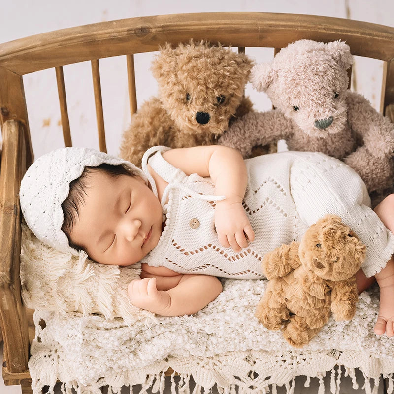 Baby Photography Knitted Clothing Cute Bear Dolls Baby Tassel Pillow Blanket Photo Props Newborn Photo Jumpsuit + Hat Costume - She Vibess By C2P