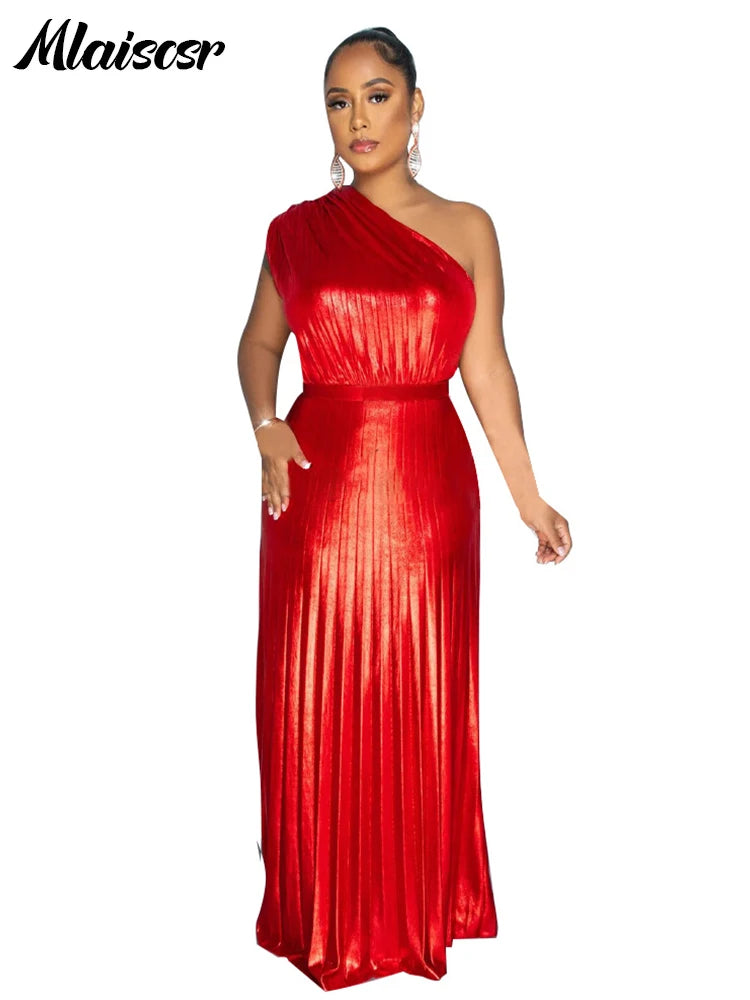 Mlaiscsr Metallic Golden One Shoulder Sleeveless Pleated A-Line Long Dress Elegant Women Luxury Birthday Evening Gowns Vestidos - She Vibess By C2P