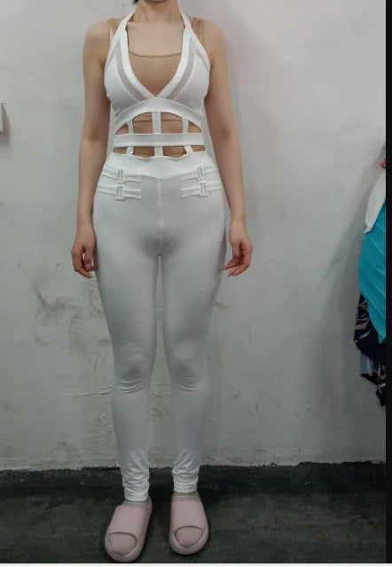Women's jumpsuit 2025 summer new sleeveless new fashionable hollow camisole buckle comparison mesh tight jumpsuit - She Vibess By C2P