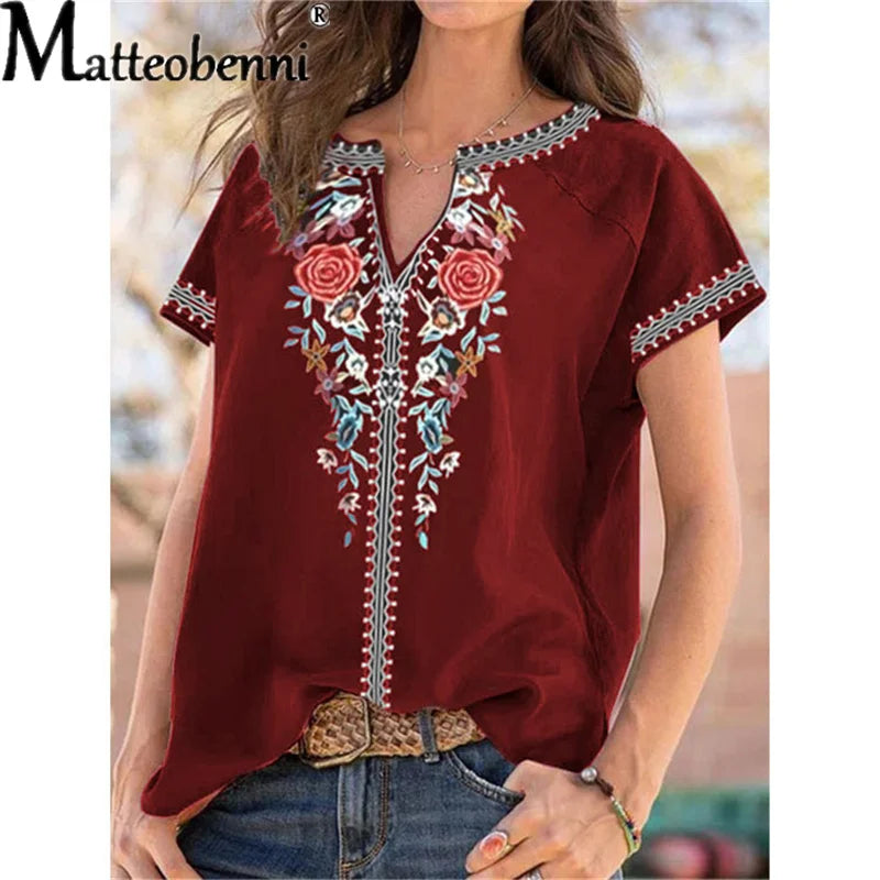 Summer Women Urban Leisure V Neck Print Short Sleeve T-Shirt Ladies Ethnic Style Casual Loose Boho Retro Harajuku Oversized Tops - She Vibess By C2P