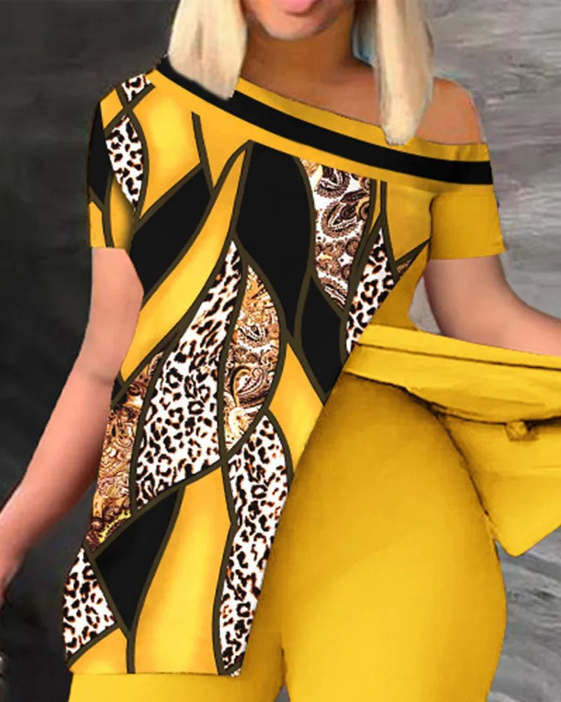 Elegant Women Two Piece Set Suits New Fashion Printed Ruffle Sleeve Top Solid Color Pants Set With Belt Blouses Female Clothing - She Vibess By C2P