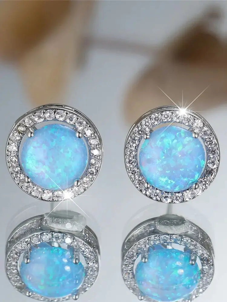 Cute Female Crystal White Blue Opal Round Stone Stud Earrings Silver Color Wedding Jewelry For Women - She Vibess By C2P