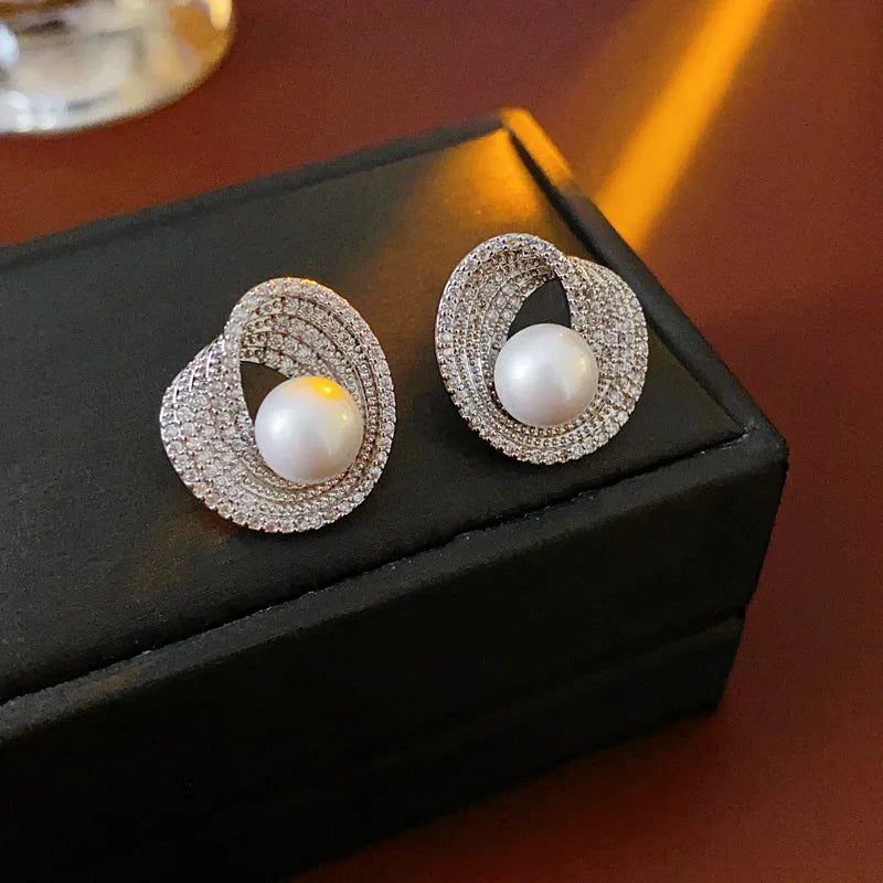 Zircon Round Pearl Earrings for Women Personality Irregular Stud Earring Temperament High Sense Simple Jewelry Wedding Girl - She Vibess By C2P