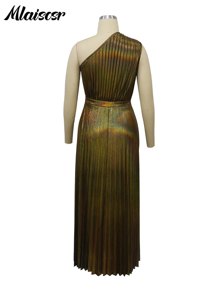 Mlaiscsr Metallic Golden One Shoulder Sleeveless Pleated A-Line Long Dress Elegant Women Luxury Birthday Evening Gowns Vestidos - She Vibess By C2P