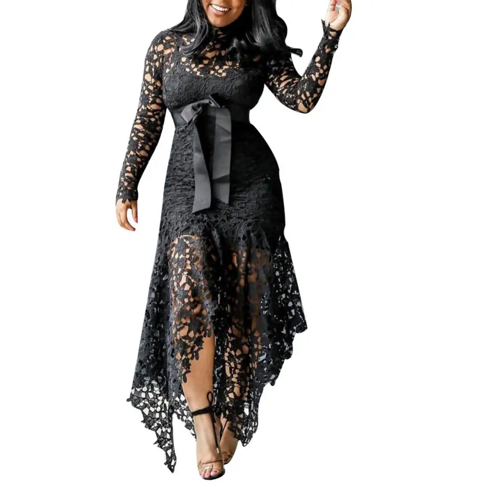 Bowtie Women Lace Dress 2024 Autumn Long Sleeve Stain Bow Belted Irregular Hem Hollow Out Sexy Bodycon Dress Evening Party Dress - She Vibess By C2P