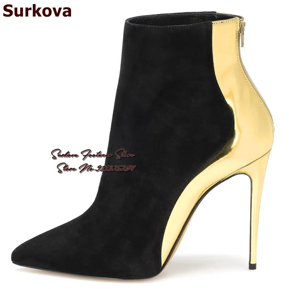 Surkova Red Snakeskin Patchwork Suede Pointed Toe Ankle Boots Women Python Thin High Heel Short Booties Back Zipper Dress Shoes - She Vibess By C2P