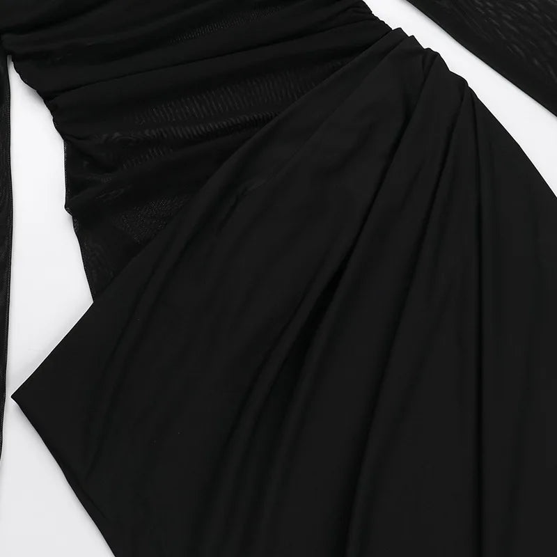 Y2k Summer New Solid Color Long Sleeve Off Shoulder Dresses Sexy Wrap Hip Mesh See Through Ruched Patchwork Long Dress 2024 New - She Vibess By C2P