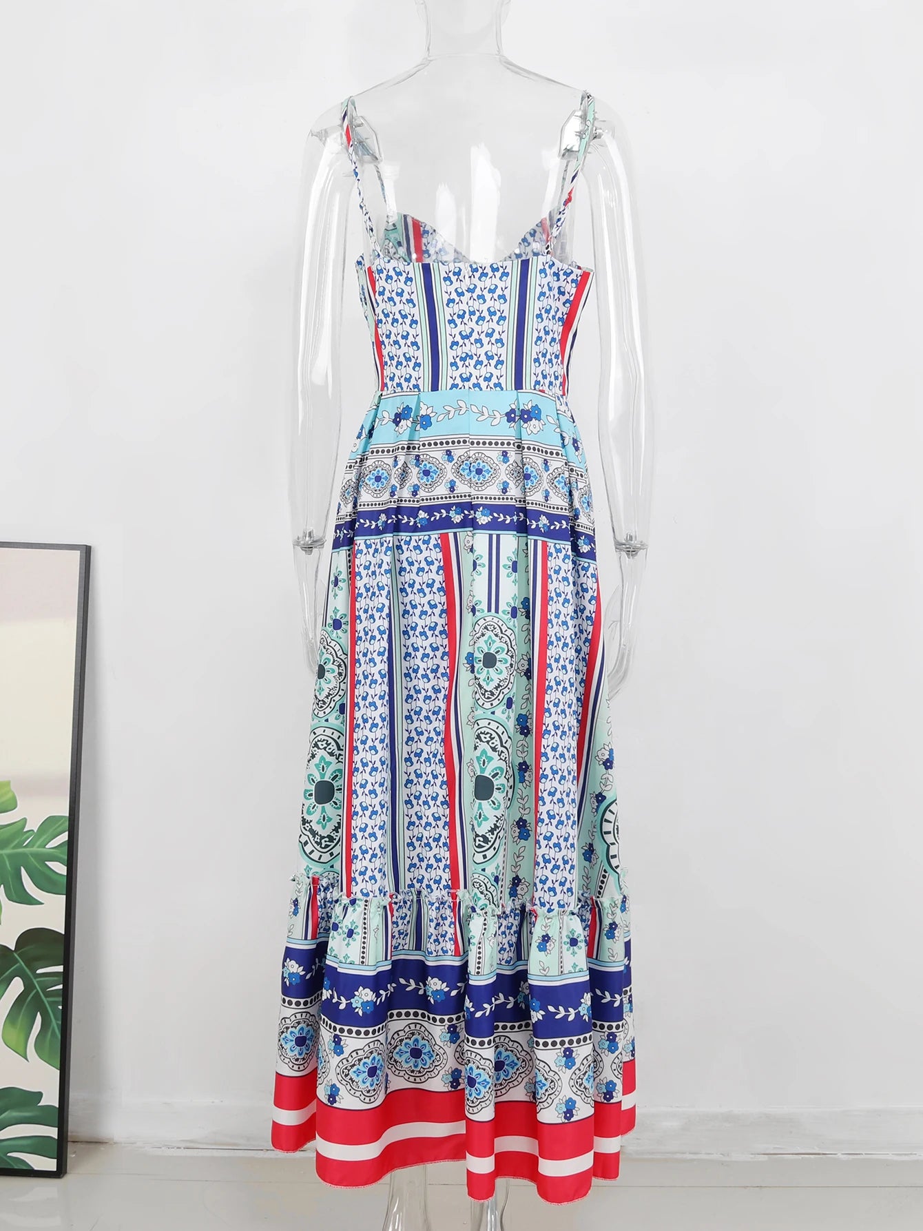 Summer Print Long Dress Women Clothing Lace Up Sling Party Dresses Pattern Strappy Ladies Hollow Out V-Neck Beach Vestidos - She Vibess By C2P