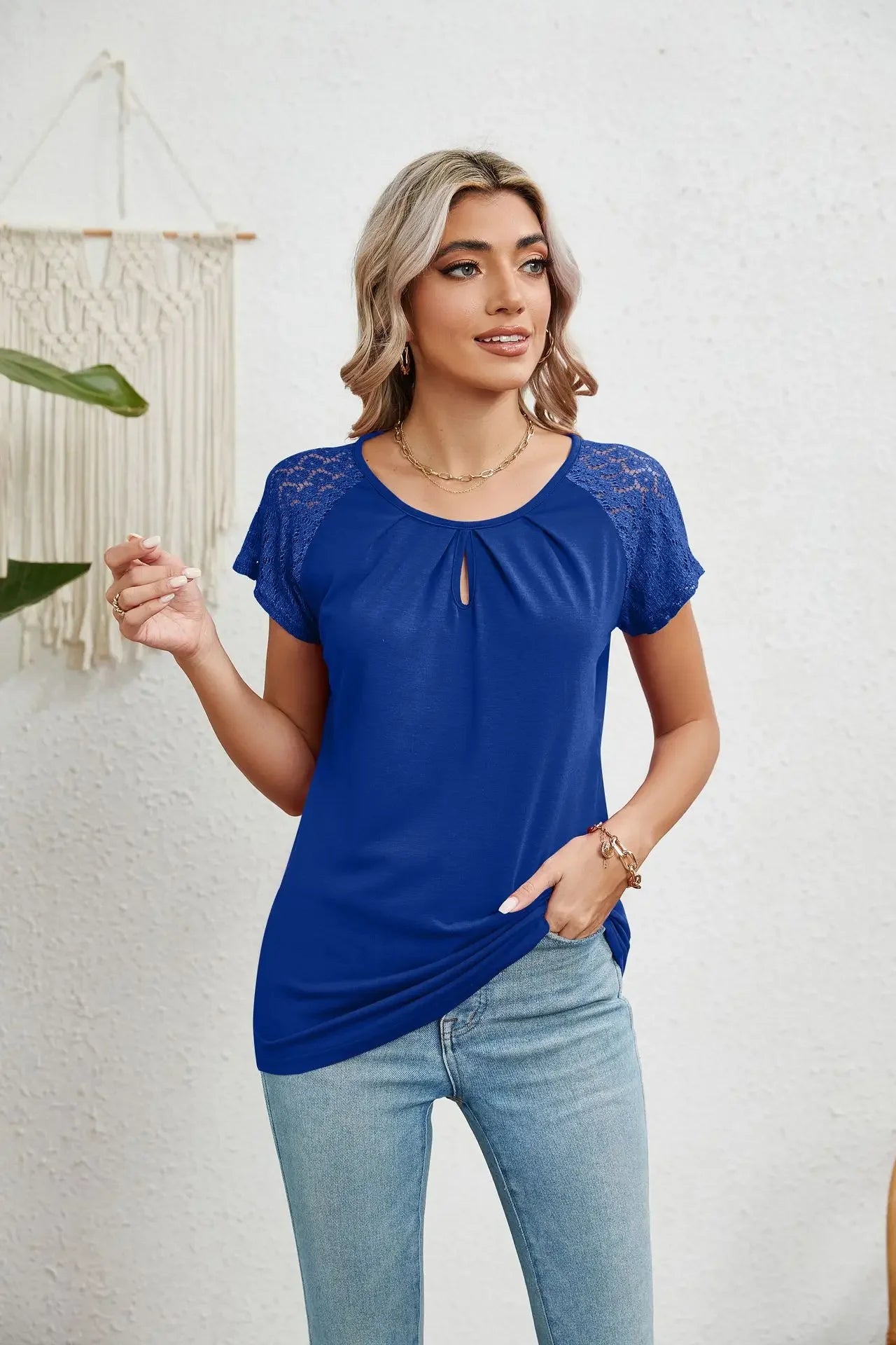 2025 New Women Summer Top Solid Round Neck Lace Patchwork Short Sleeved T-shirt Top Casual Tops Unique Tees Women's Clothing - She Vibess By C2P