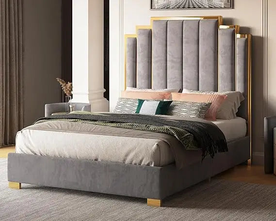 Albott King Size Platform Bed Frame, 65" Velvet Upholstered Bed with Gold Trim Headboard/Wooden Slats/No Box Spring Needed/Black - She Vibess By C2P