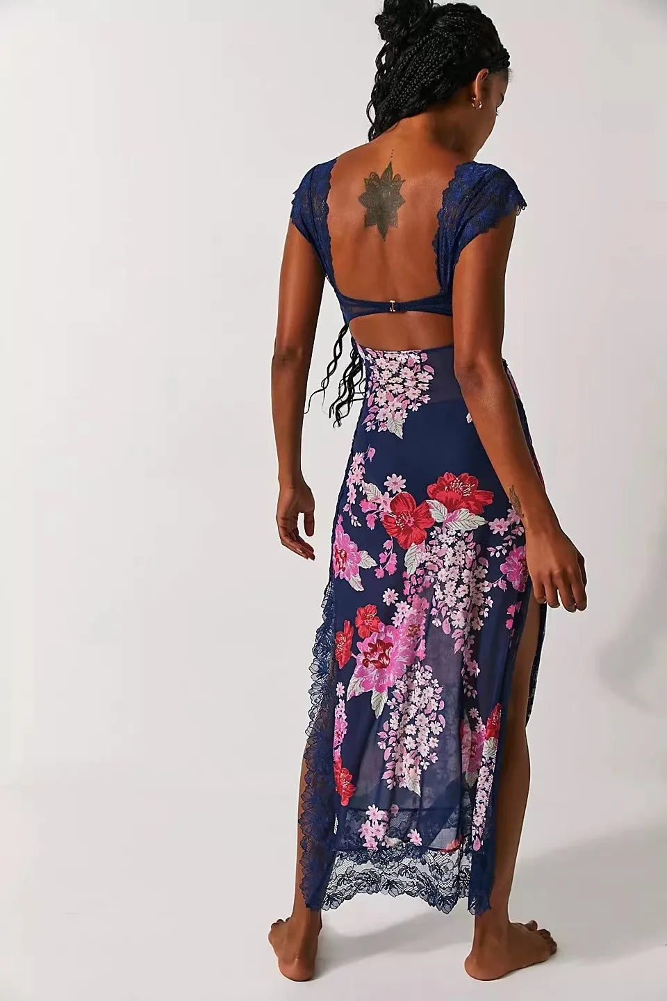 Summer New Lace Backless Shoulder Strap Splicing Slit Pattern Long Dress Women's Clothing - She Vibess By C2P