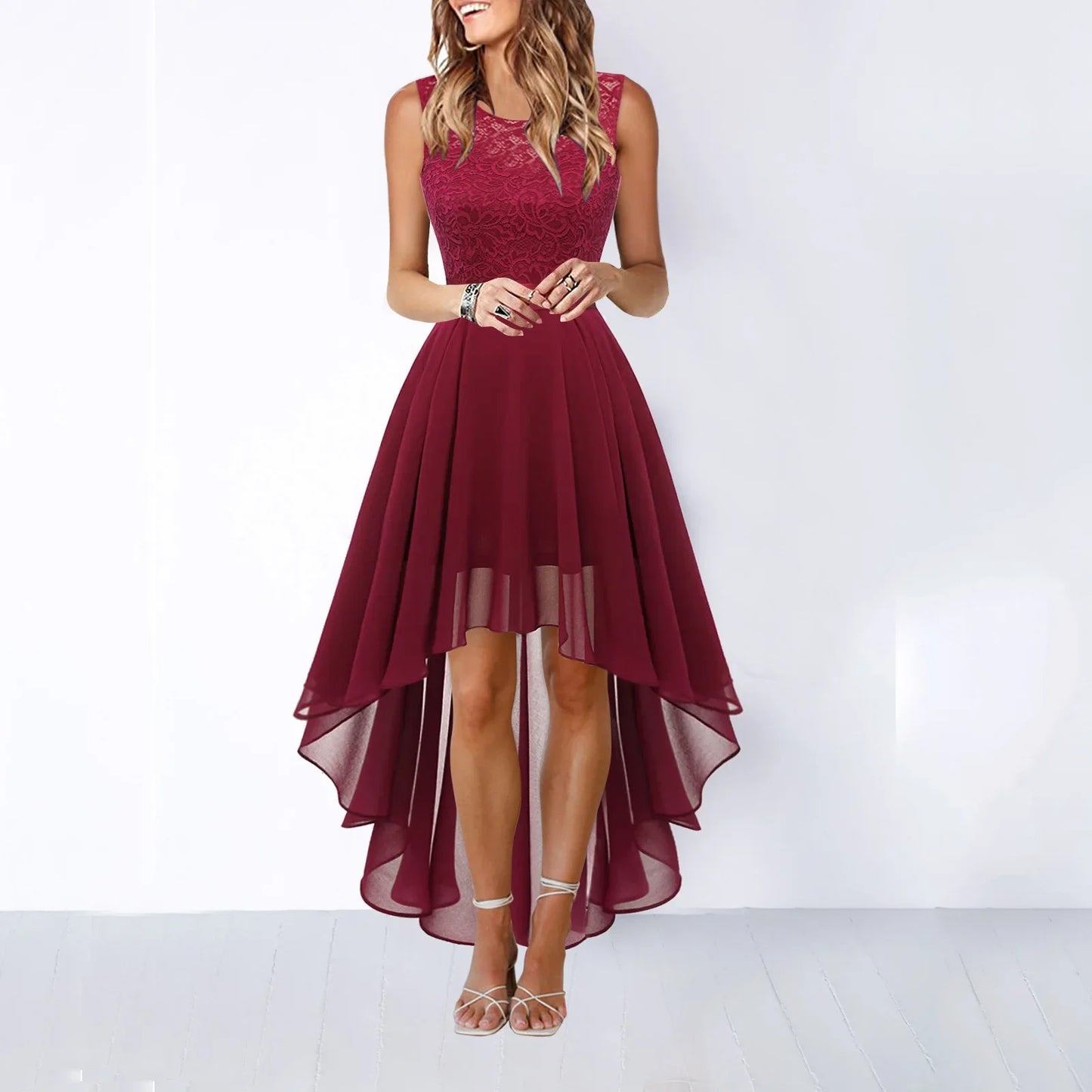 Spring Summer 2025 Hollow out Waist Cinched Lace Evening Dress Midi Skirt Sleeveless round Neck Polyester Fabric Empire Waist - She Vibess By C2P
