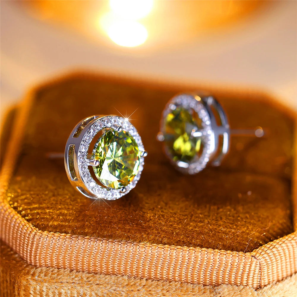 Luxury Female Crystal Purple Blue Green Round Stud Earrings Silver Color Wedding Jewelry For Women - She Vibess By C2P