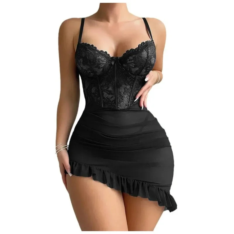 Transparent Underwire Bra Erotic Set Sexy Fairy Lingerie Women's See Through Lace Nightdress Pajamas Sets Delicate Sexy Nighty-I’m Over 21 - She Vibess By C2P
