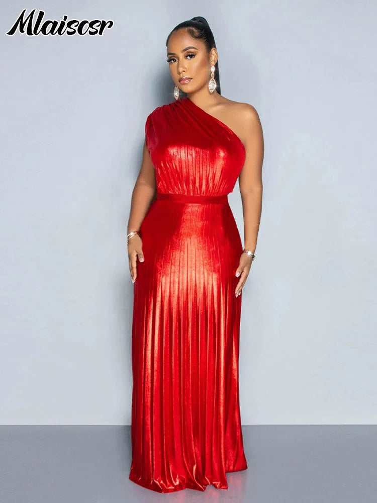 Mlaiscsr Metallic Golden One Shoulder Sleeveless Pleated A-Line Long Dress Elegant Women Luxury Birthday Evening Gowns Vestidos - She Vibess By C2P